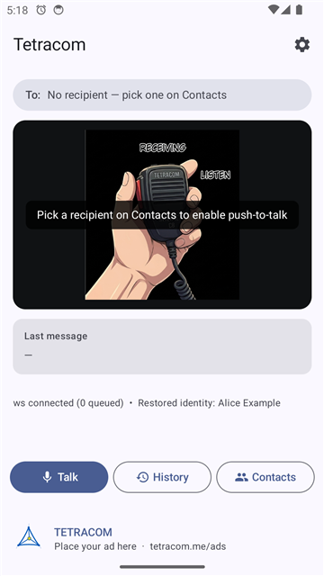 Tetracom talk screen showing push-to-talk controls